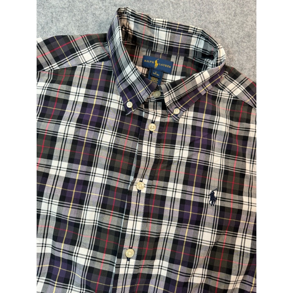 Ralph Lauren Kids Boys L 14-16 Plaid Button Down Shirt Purple Black Long Sleeve